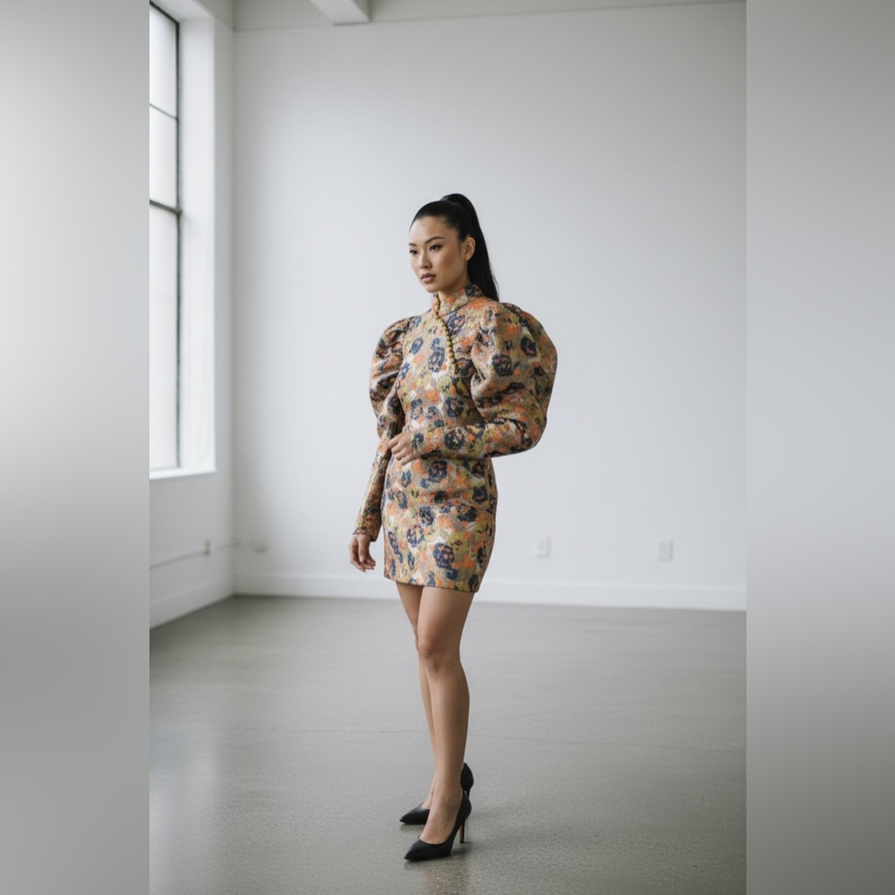 Rotate Birger Christensen Metallic Floral Puff Sleeve Mini Dress